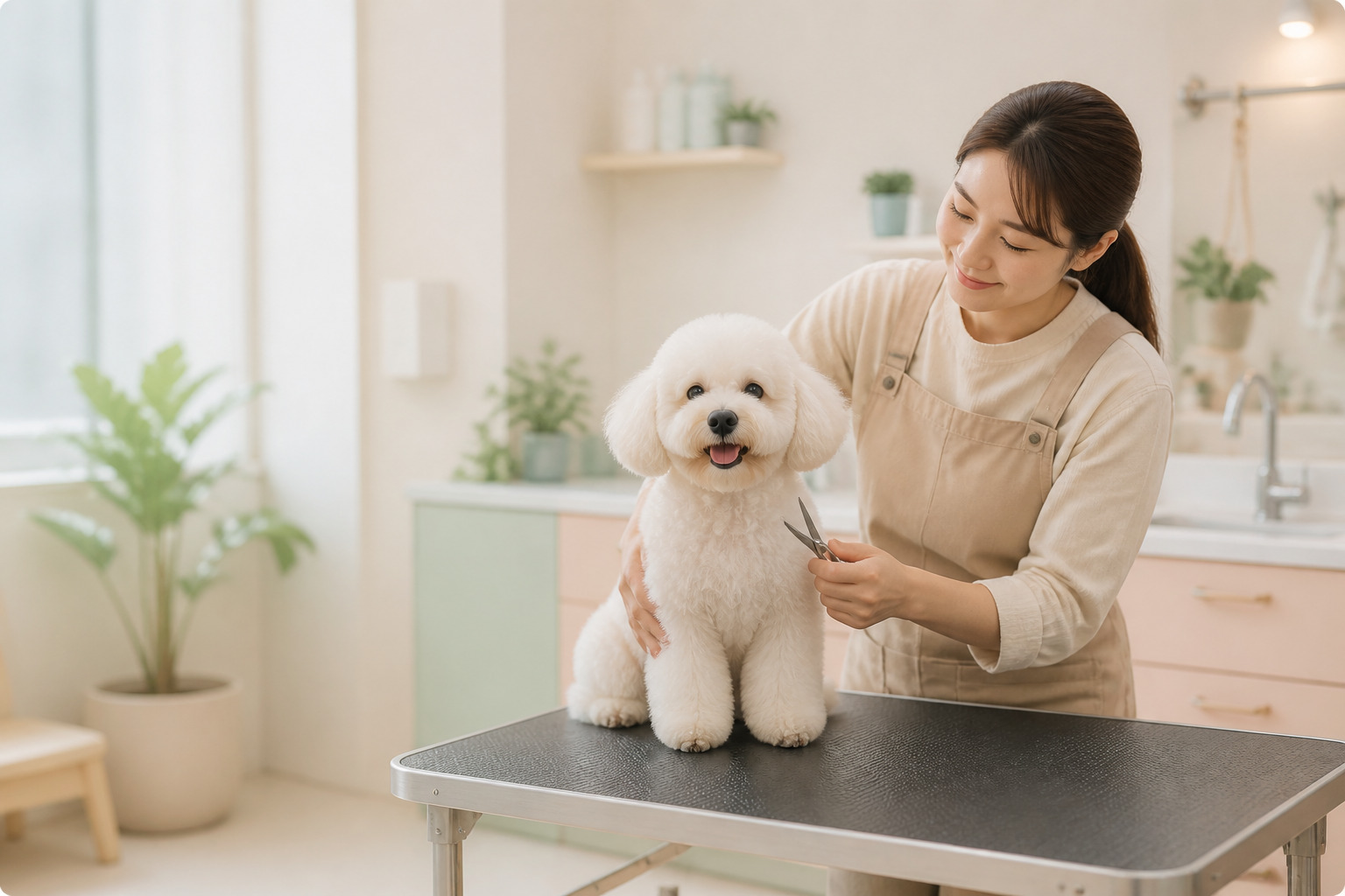 宠物美容师在明亮的工作室为白色贵宾犬修剪毛发
