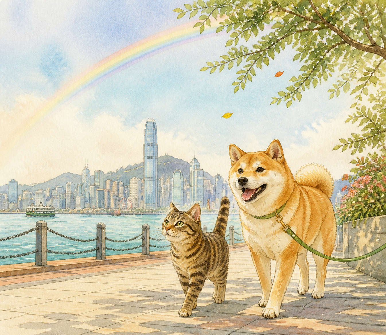 香港维港边彩虹下相互陪伴的狗狗与猫咪