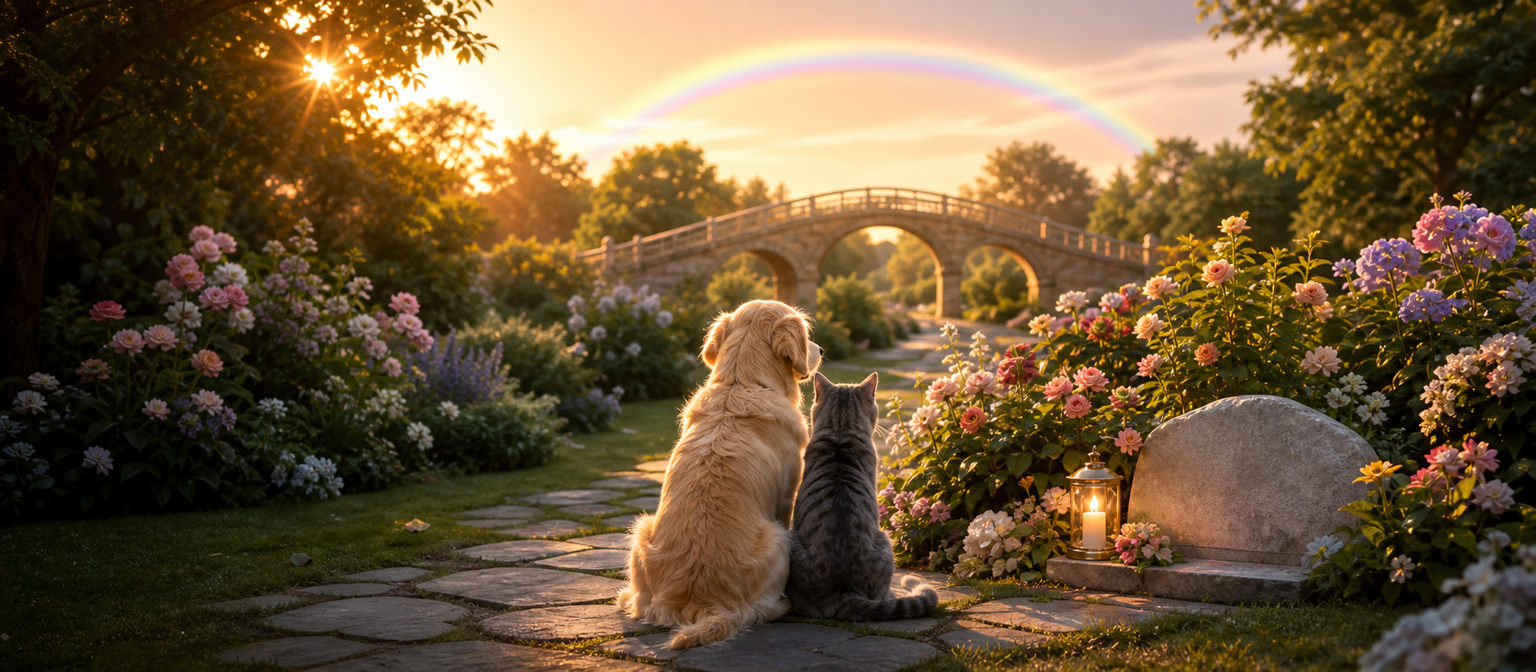 夕阳下的纪念花园，狗狗和猫咪坐在花园小径旁